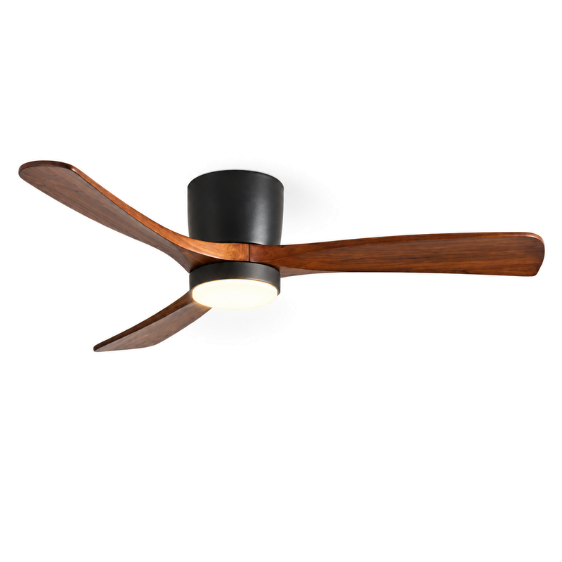 Low Profile Ceiling Fan with Light | 3 Wooden Blades, Remote, 108 or 132 cm, Black or White