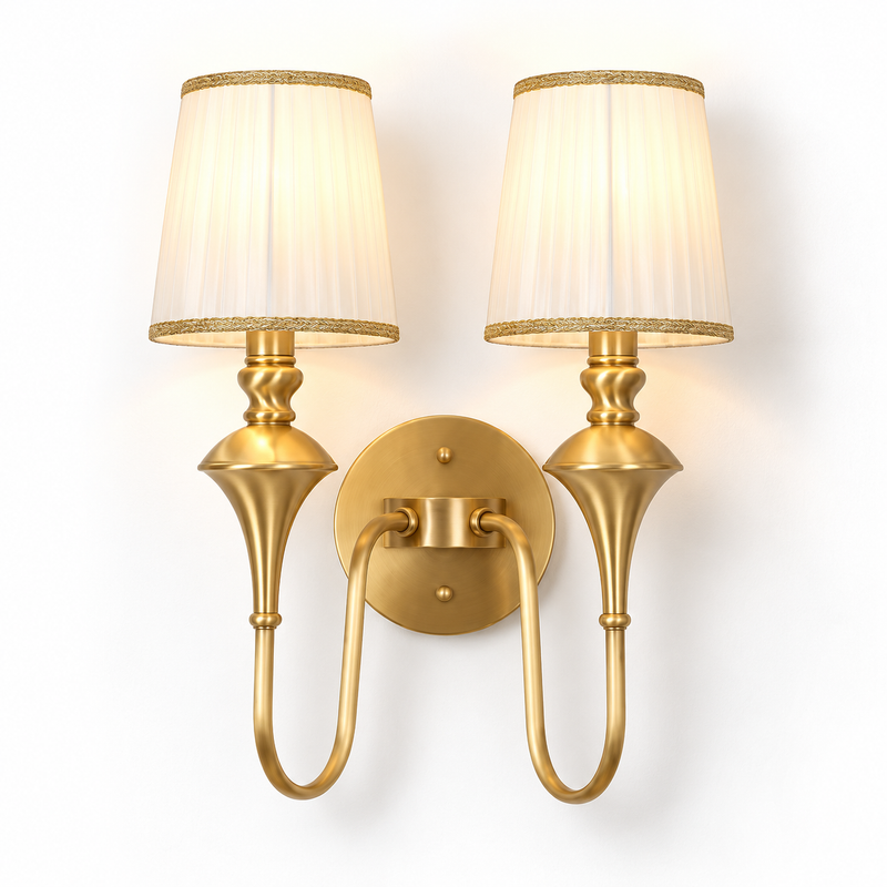 Brass Double Wall Light | Pleated Fabric Shades with Braided Trim, Twin E14, 38 x 46 cm