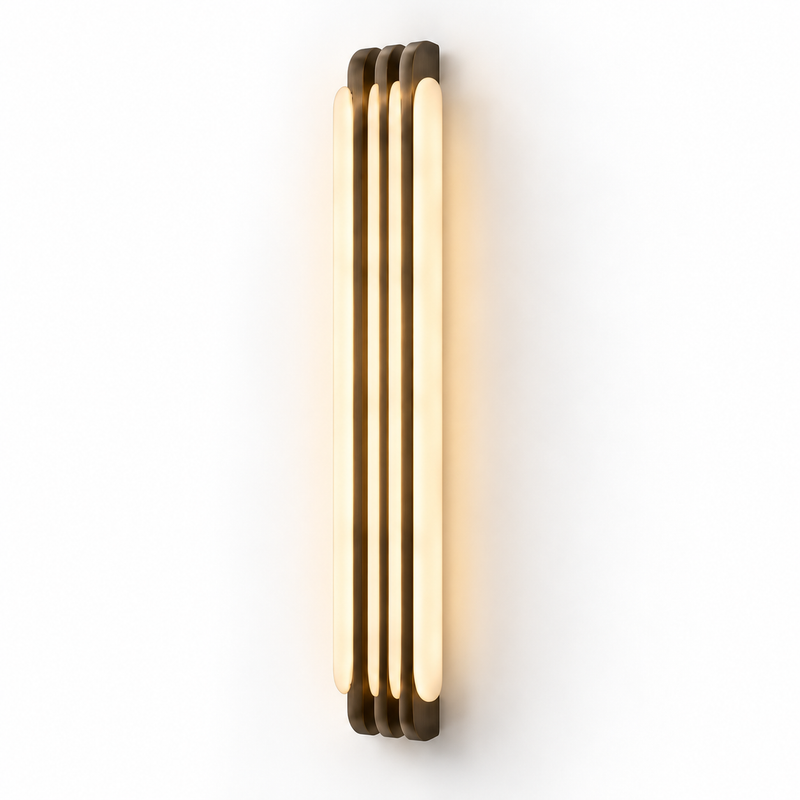 Alabaster & Antique Brass Wall Light | Three-Fin LED Column, Warm White, 35 or 60 cm