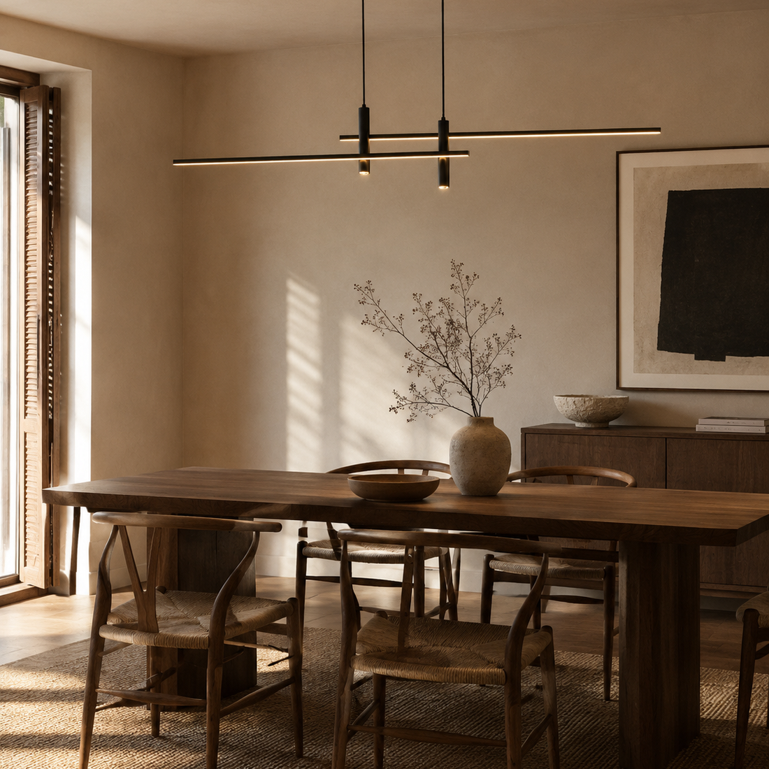 Slim linear LED pendant over a long wooden dining table in an open-plan room