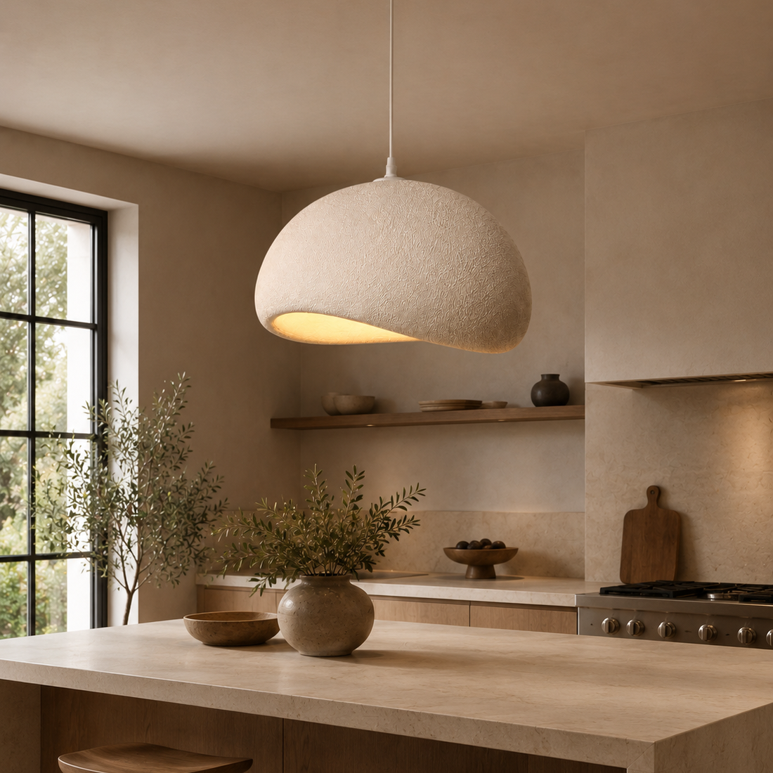 White organic pendant light over a pale stone kitchen island