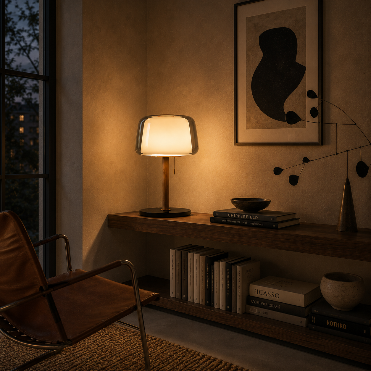 Table lamps - walnut and pleated shade table lamp on a travertine console