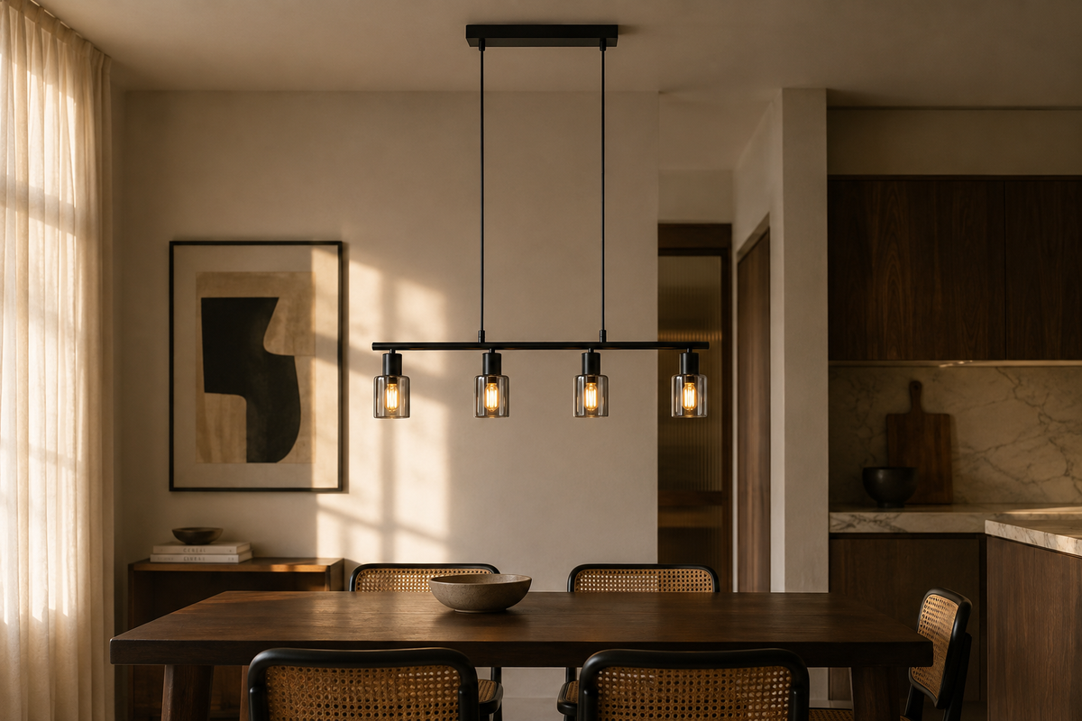 Pendant lights - woven rattan pendant over a candlelit dining table