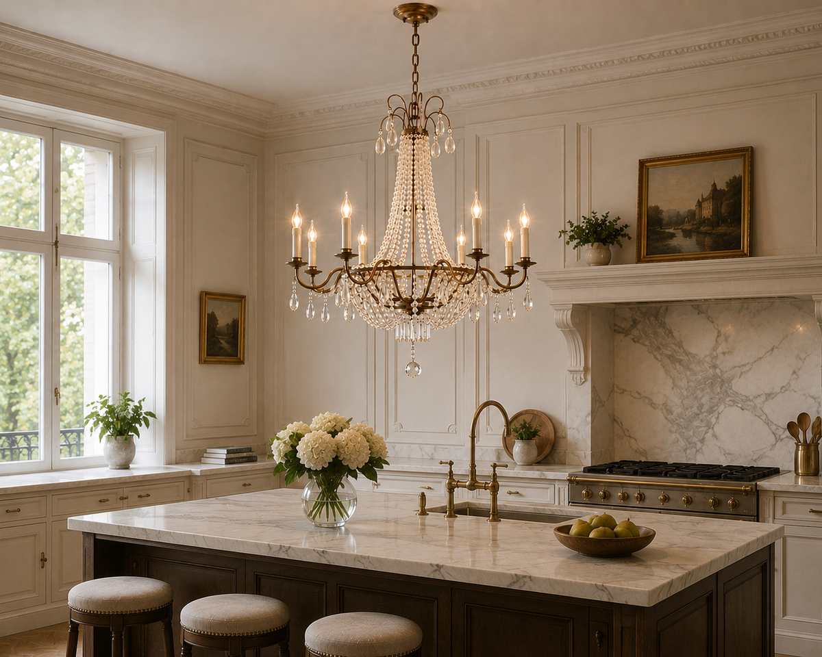 Chandeliers - gold sputnik chandelier in an evening living room with fireplace