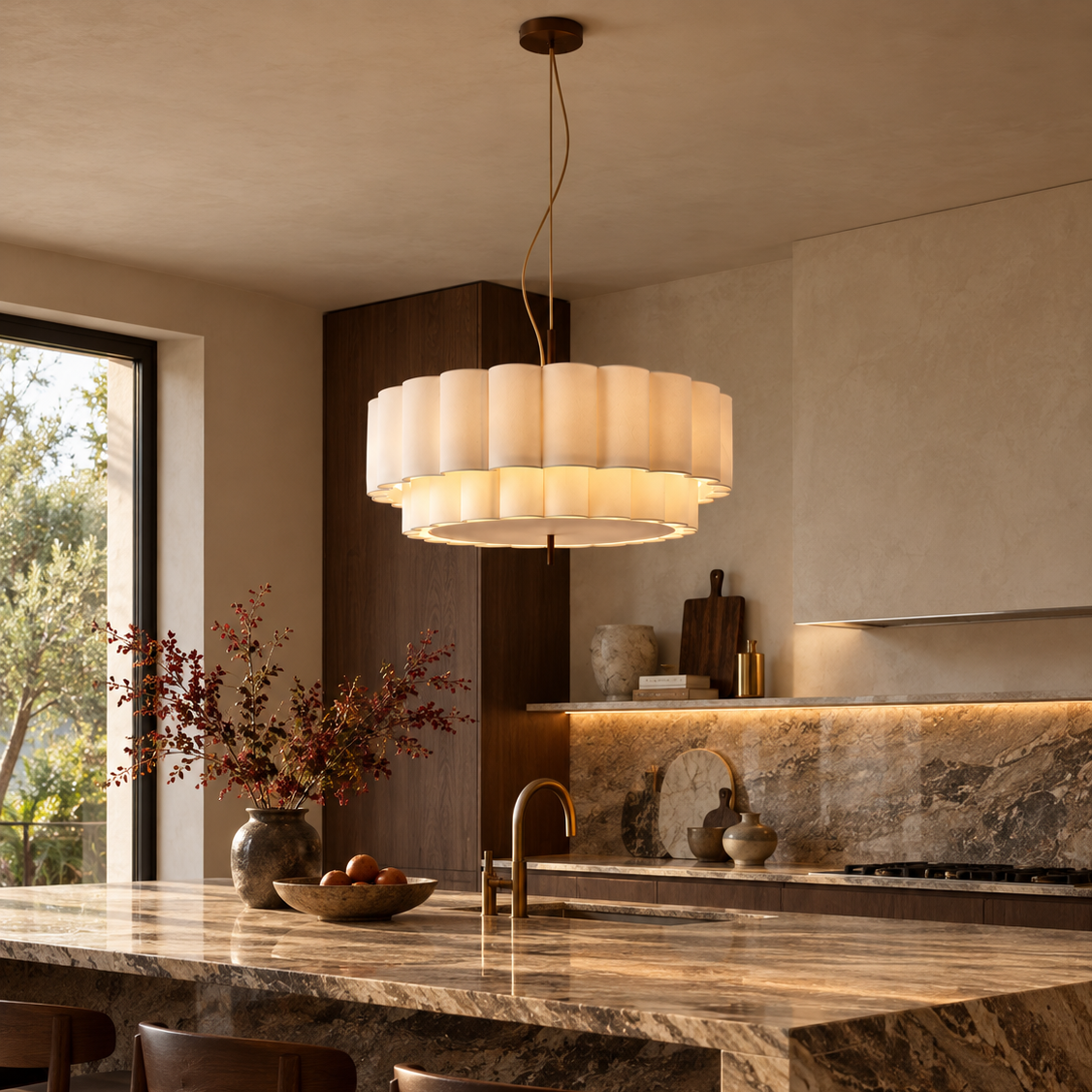 Two-tier pleated fabric chandelier over a kitchen island