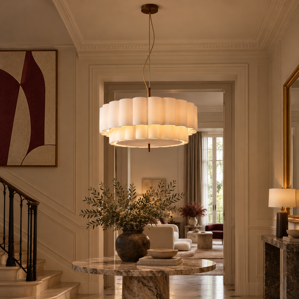 Two-tier pleated fabric chandelier in an entrance hall
