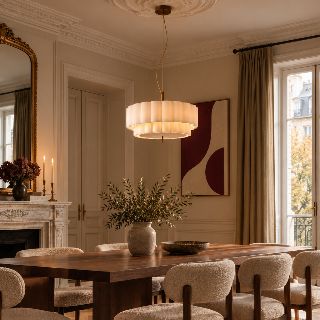 Two-tier pleated fabric chandelier above a wooden dining table