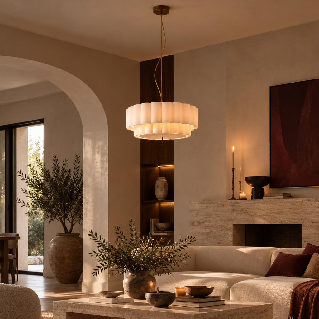 Two-tier pleated fabric chandelier in a living room with arch