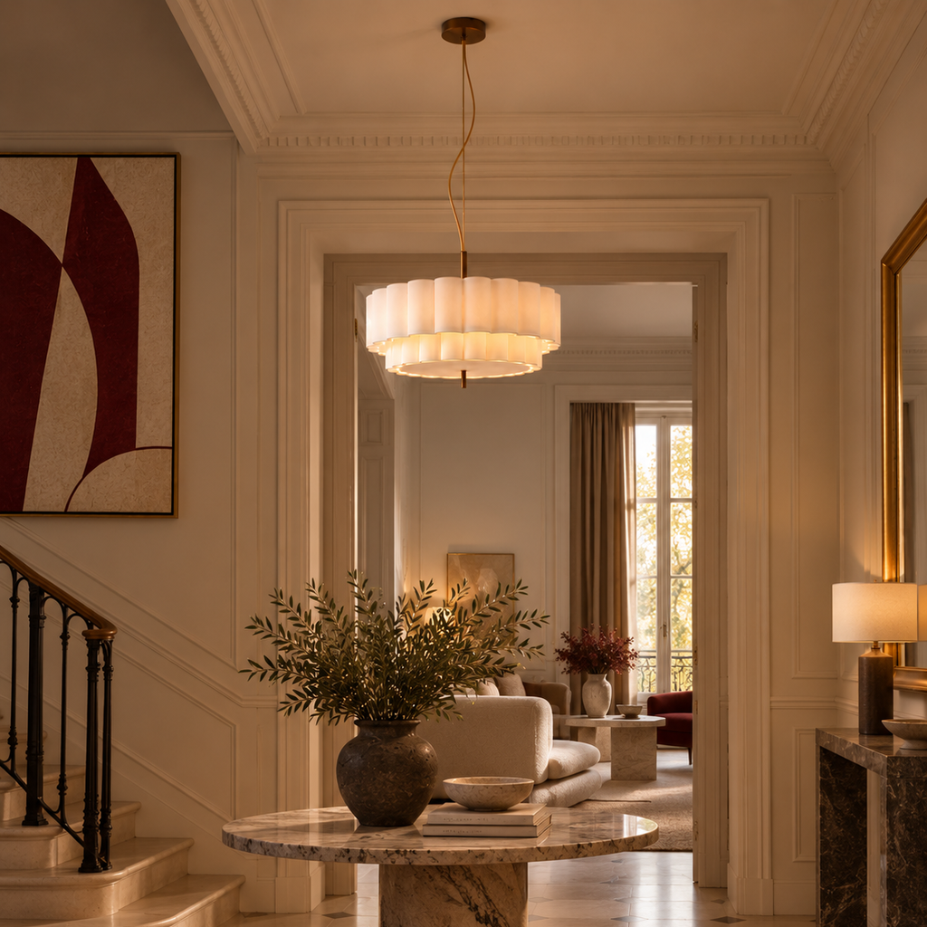 Two-tier pleated fabric chandelier above a staircase hall