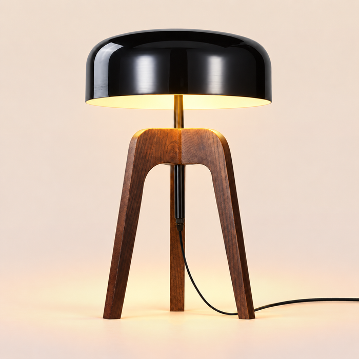 Tripod Table Lamp 52cm - Ash Wood Dome Shade Modern Bedside Light