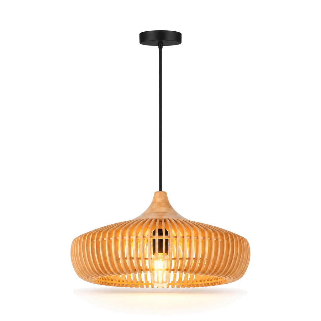 Wooden Pendant Light 43cm - Scandinavian Slatted Dining Room Light