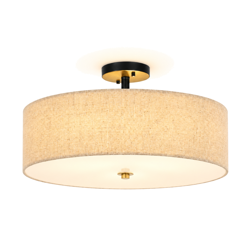 Fabric Drum Ceiling Light 40cm - Beige Semi-Flush Dining Room Light