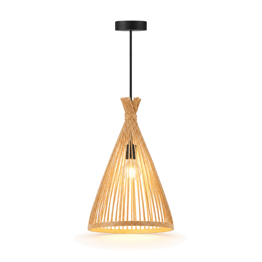 Bamboo & Rattan Pendant Light - Handmade Woven Cone Dining Room Light