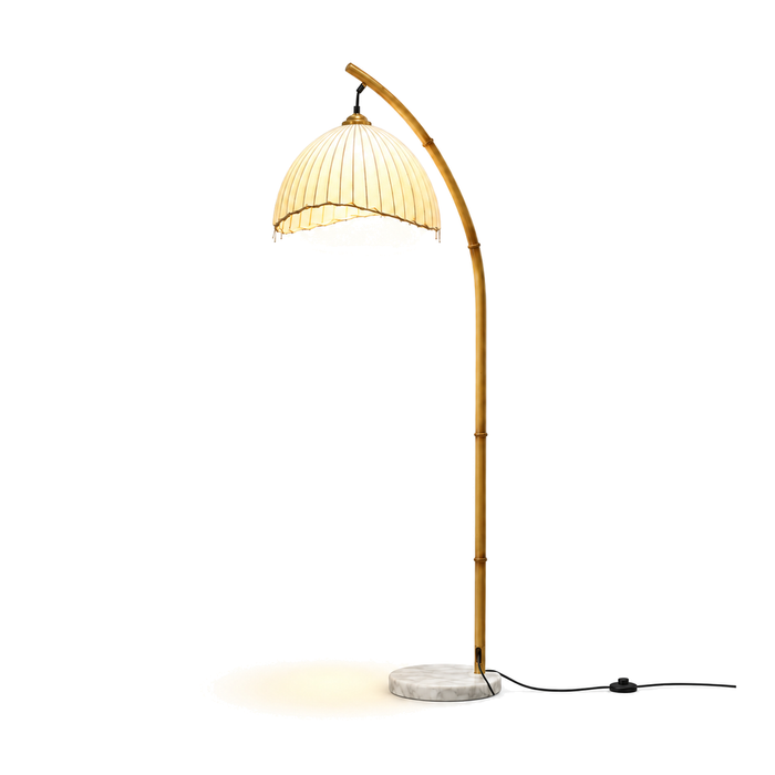 Bamboo-Effect Arc Floor Lamp - Japanese Lantern Marble Base Living Room