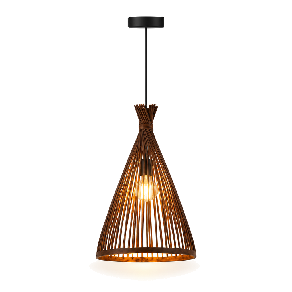Bamboo & Rattan Pendant Light - Handmade Woven Cone Dining Room Light