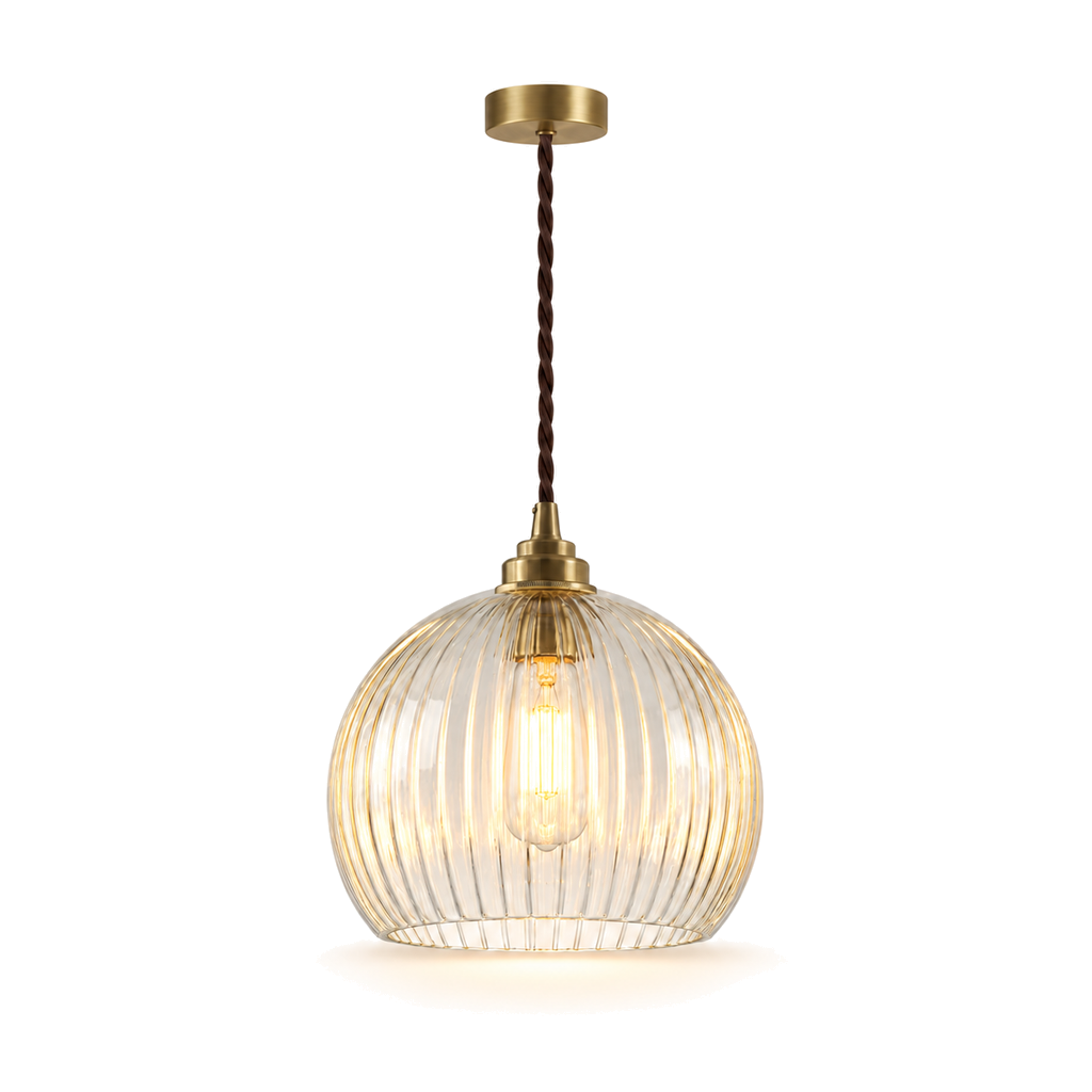 Ribbed Glass Pendant Light 20cm - Vintage Copper Globe Kitchen Light