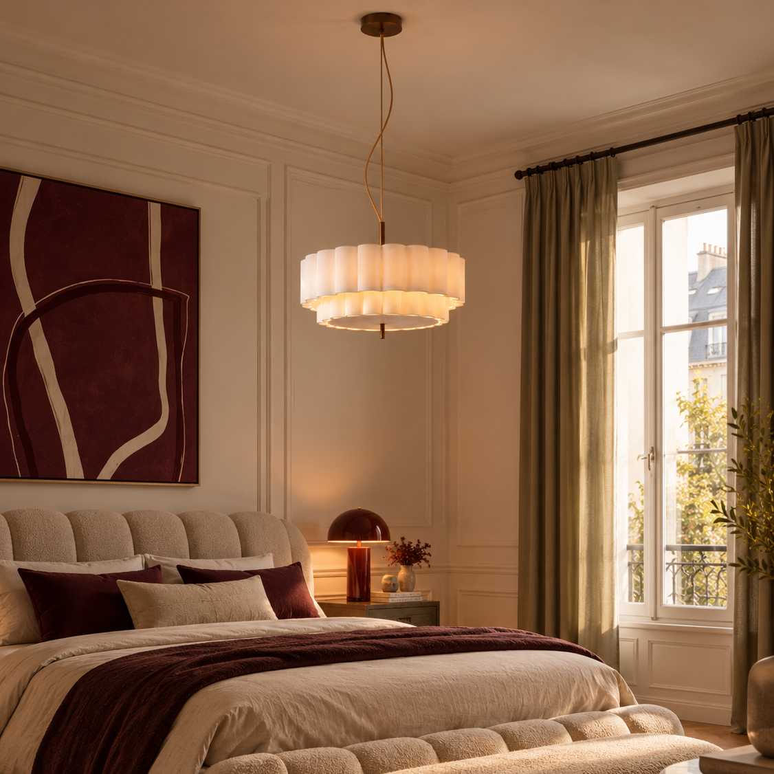 Two-tier pleated fabric chandelier in a cream bedroom