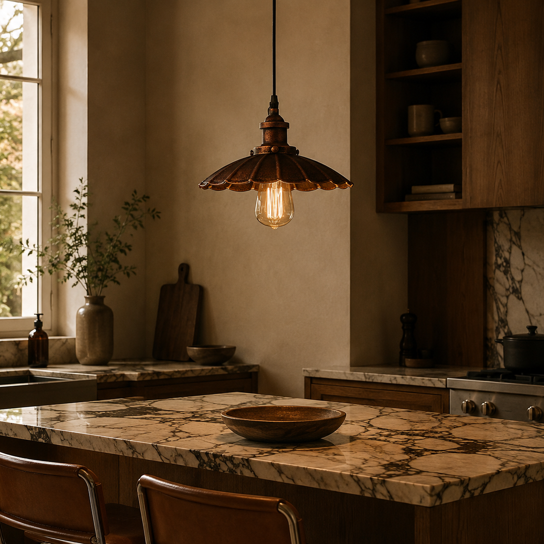 Rustic Pendant Light - Scalloped Copper Shade