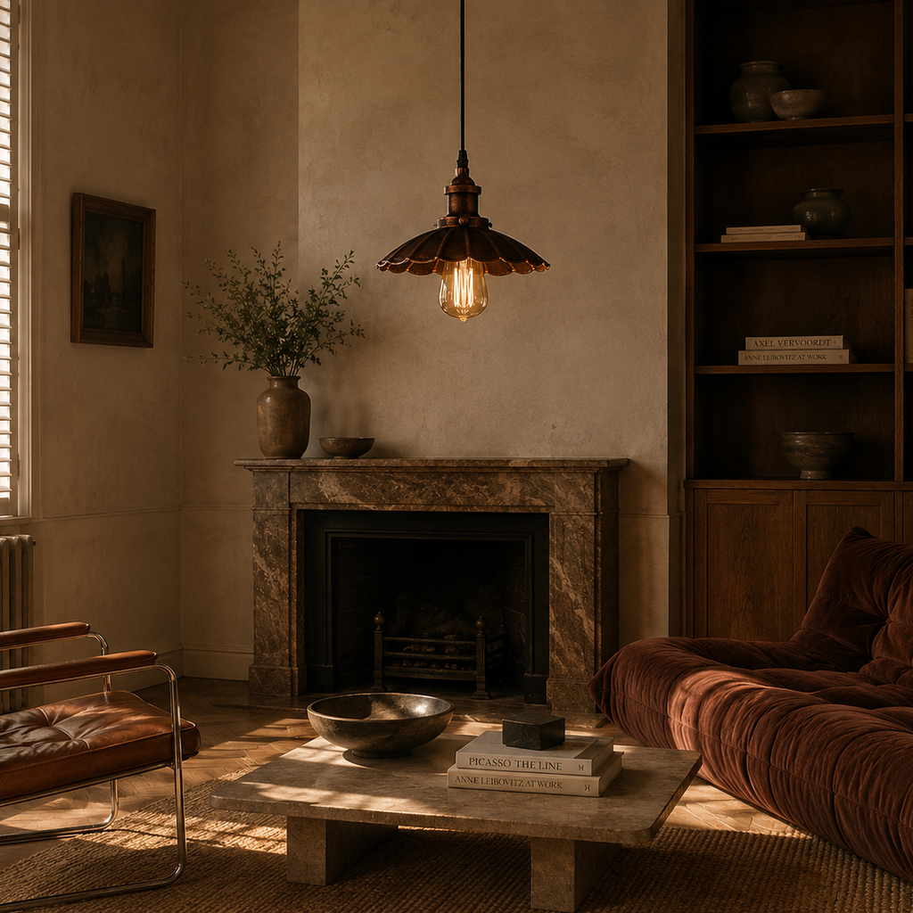 Rustic Pendant Light - Scalloped Copper Shade