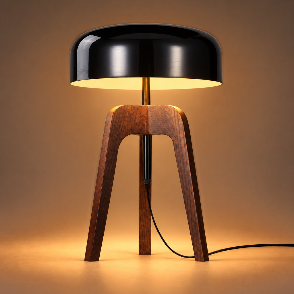 Tripod Table Lamp 52cm - Ash Wood Dome Shade Modern Bedside Light
