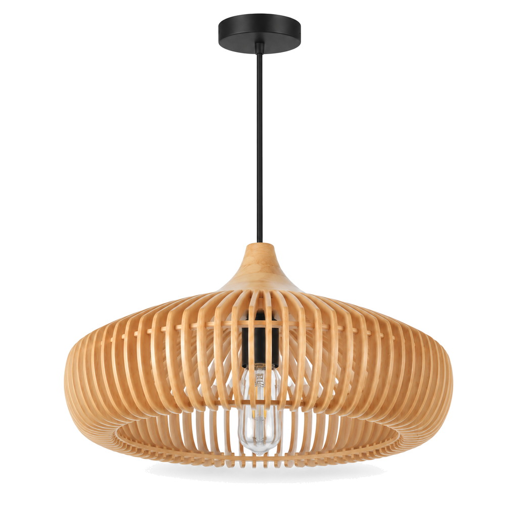 Wooden Pendant Light 43cm - Scandinavian Slatted Dining Room Light