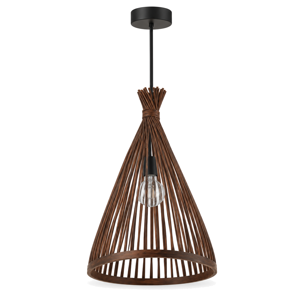 Bamboo & Rattan Pendant Light - Handmade Woven Cone Dining Room Light