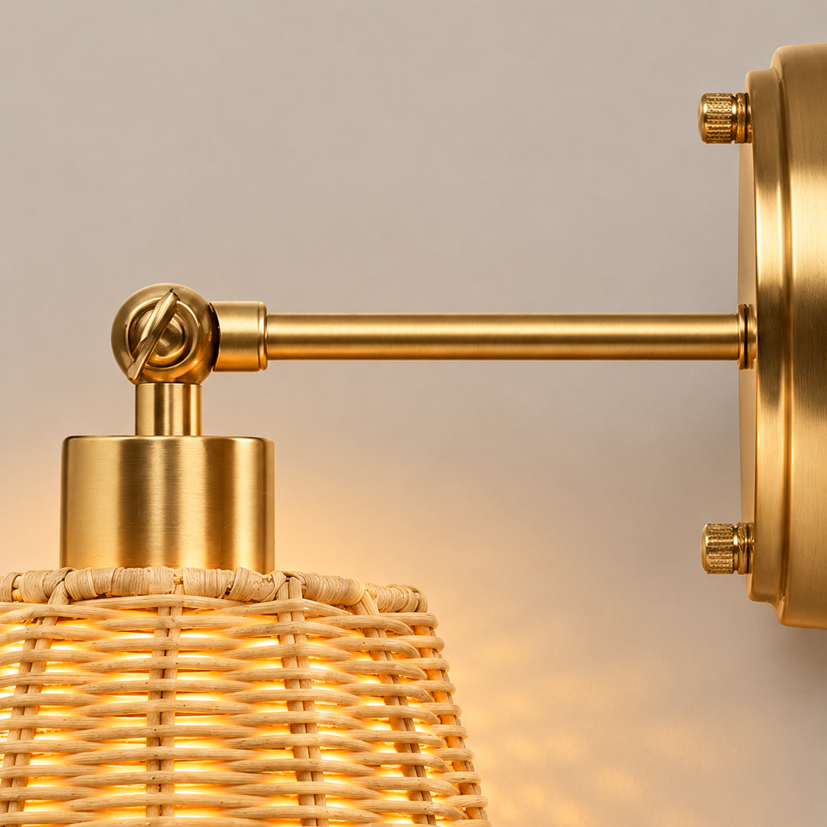 Rattan Swing Arm Wall Light - Rechargeable Bedside Sconce with Remote