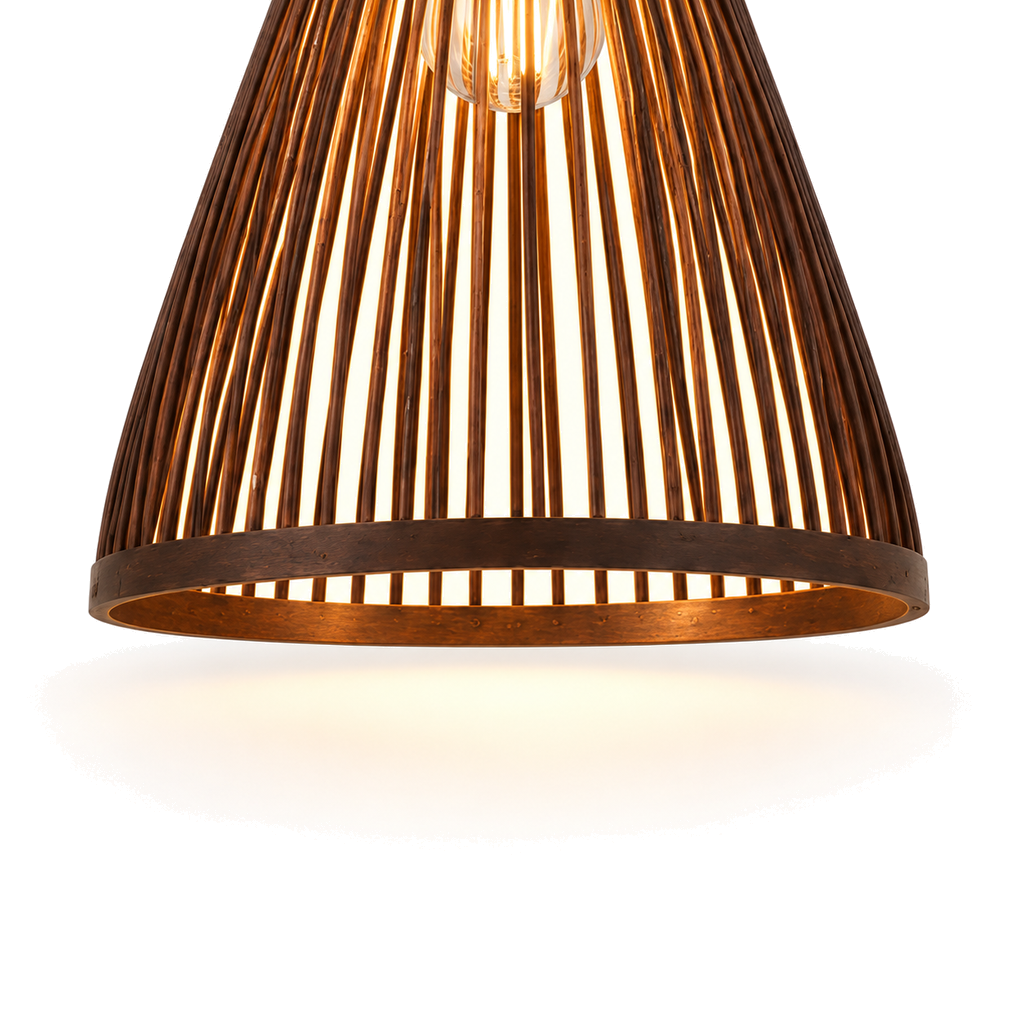 Bamboo & Rattan Pendant Light - Handmade Woven Cone Dining Room Light