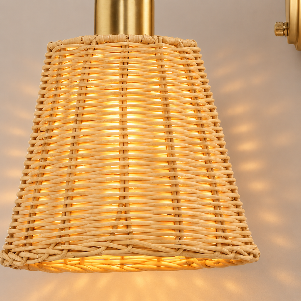 Rattan Swing Arm Wall Light - Rechargeable Bedside Sconce with Remote