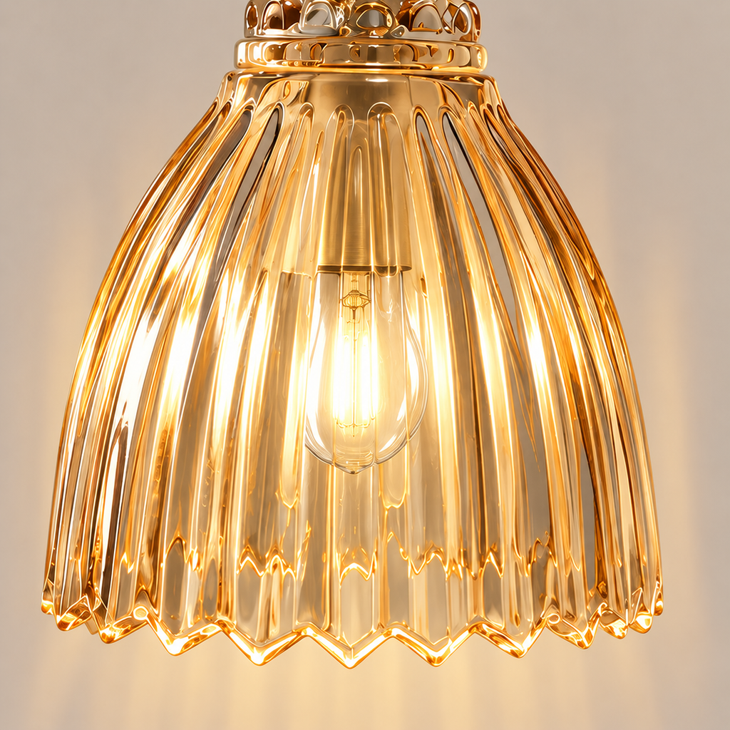 Amber Glass Lamp Shade 10cm - Ribbed Replacement Pendant Shade