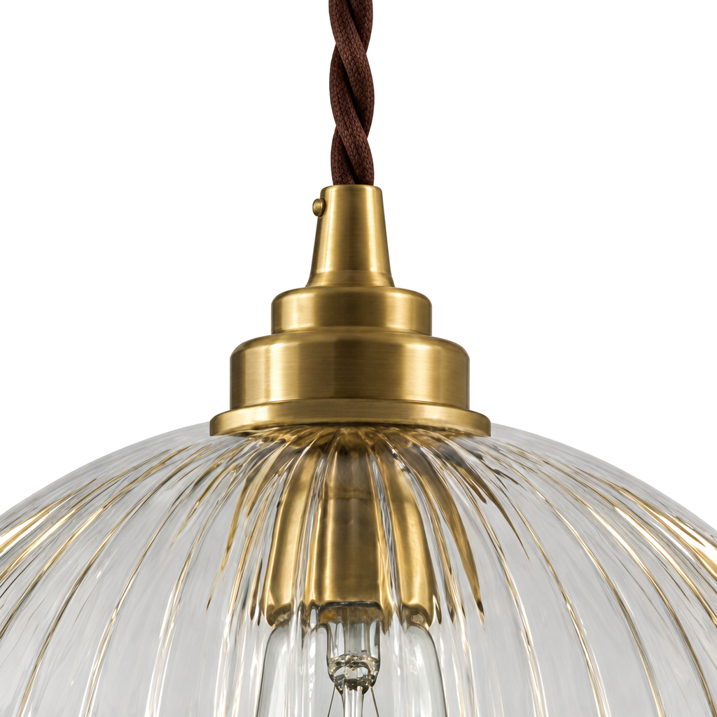 Ribbed Glass Pendant Light 20cm - Vintage Copper Globe Kitchen Light