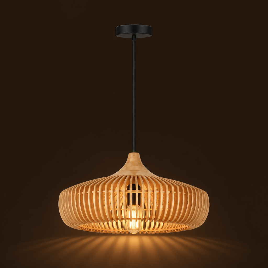 Wooden Pendant Light 43cm - Scandinavian Slatted Dining Room Light