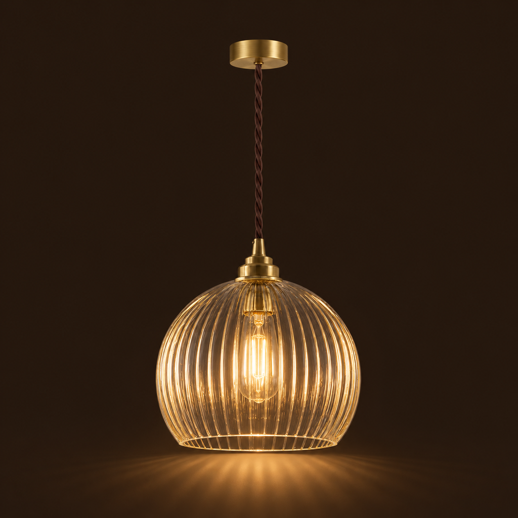Ribbed Glass Pendant Light 20cm - Vintage Copper Globe Kitchen Light