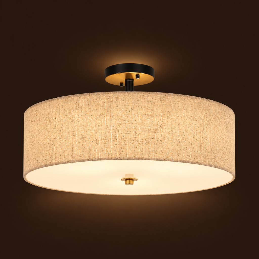 Fabric Drum Ceiling Light 40cm - Beige Semi-Flush Dining Room Light