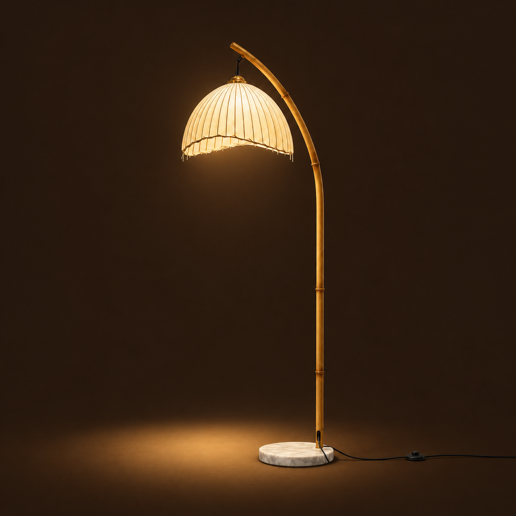 Bamboo-Effect Arc Floor Lamp - Japanese Lantern Marble Base Living Room