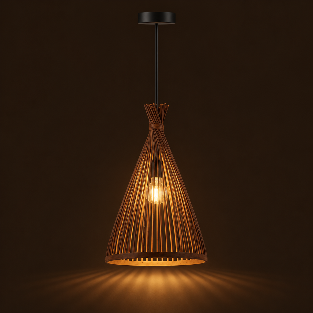 Bamboo & Rattan Pendant Light - Handmade Woven Cone Dining Room Light