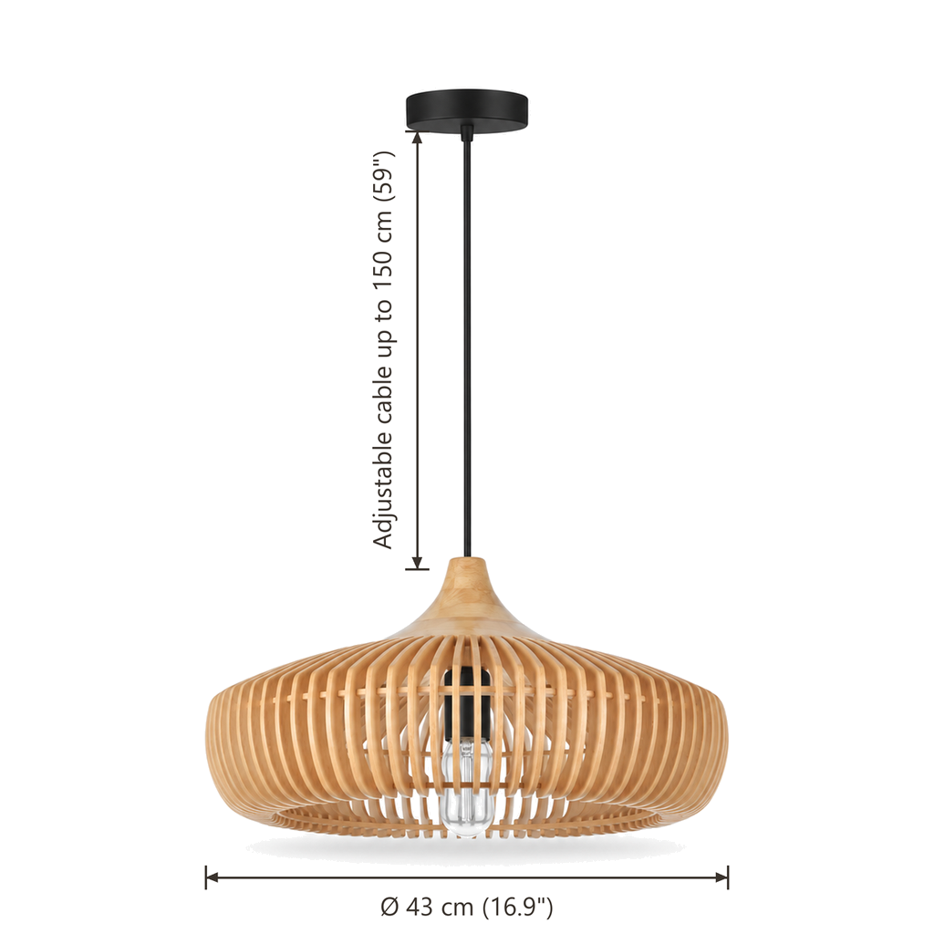 Wooden Pendant Light 43cm - Scandinavian Slatted Dining Room Light