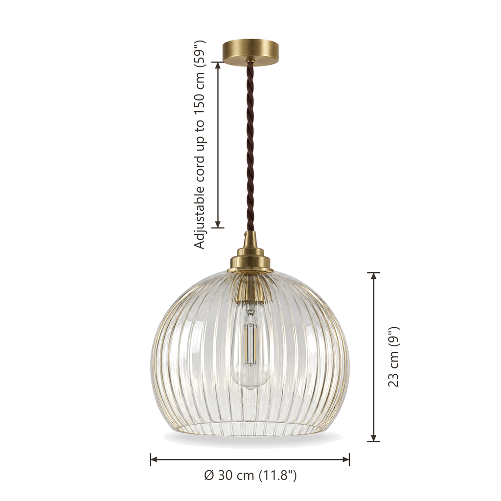 Ribbed Glass Pendant Light 20cm - Vintage Copper Globe Kitchen Light