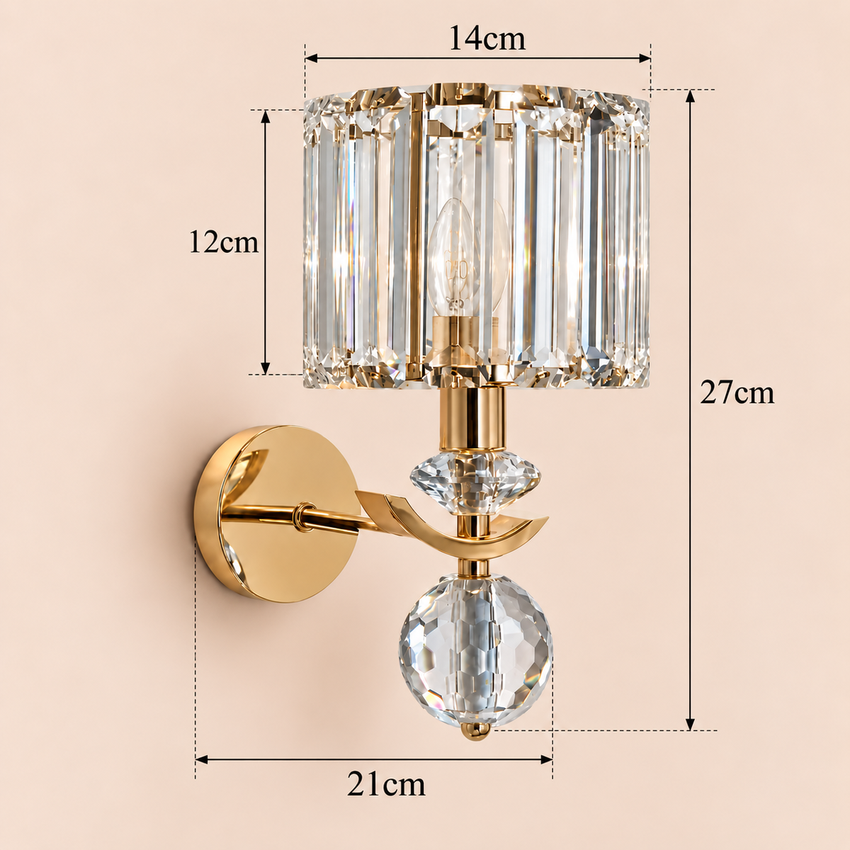 Crystal Wall Sconce 41cm - Gold Straight Rod Bedside Light