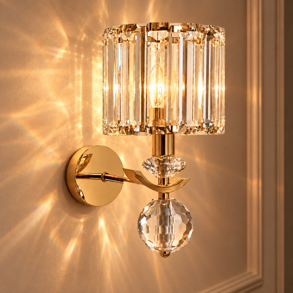 Crystal Wall Sconce 41cm - Gold Straight Rod Bedside Light