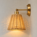 Rattan Swing Arm Wall Light - Rechargeable Bedside Sconce with Remote