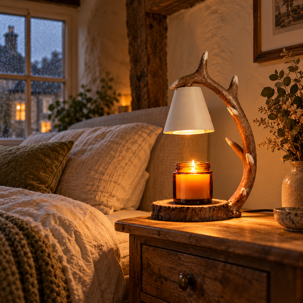 Antler Candle Warmer Lamp | Resin Antler Arm, Log Slice Base, Timer & Dimmer, UK Plug, Gift