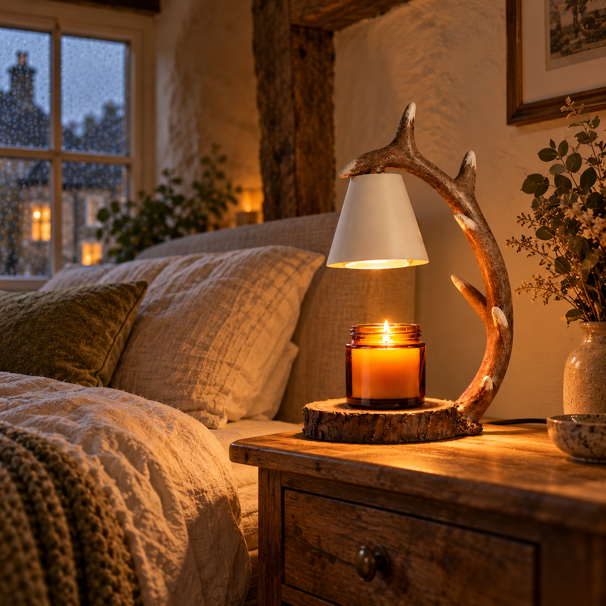 Antler Candle Warmer Lamp | Resin Antler Arm, Log Slice Base, Timer & Dimmer, UK Plug, Gift