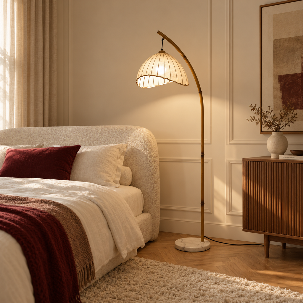 Bamboo-Effect Arc Floor Lamp - Japanese Lantern Marble Base Living Room