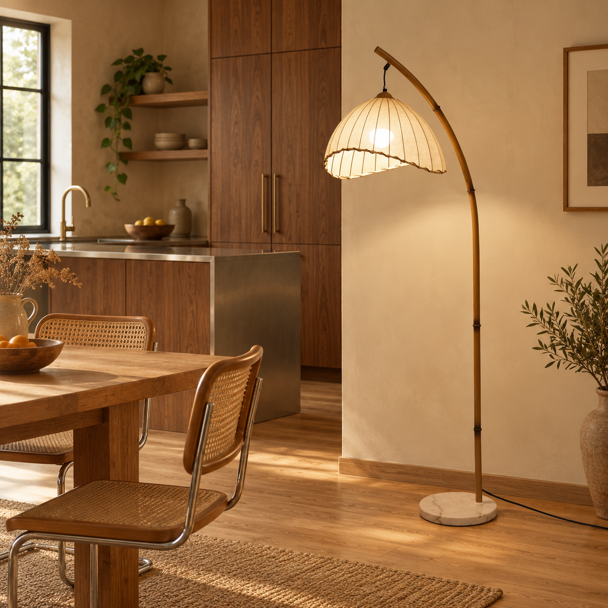 Bamboo-Effect Arc Floor Lamp - Japanese Lantern Marble Base Living Room