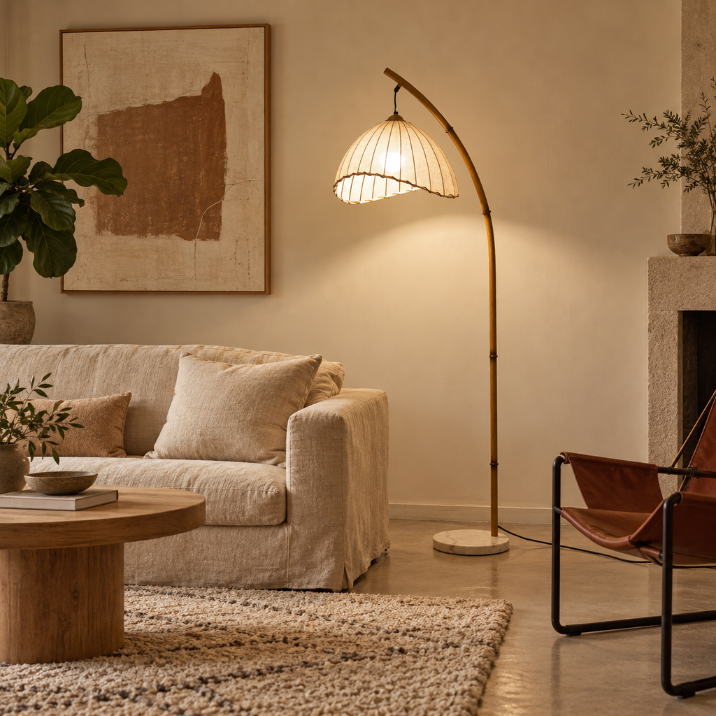 Bamboo-Effect Arc Floor Lamp - Japanese Lantern Marble Base Living Room