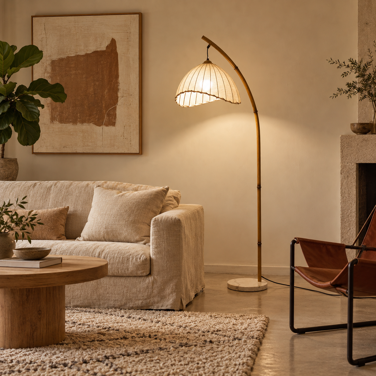 Bamboo-Effect Arc Floor Lamp - Japanese Lantern Marble Base Living Room