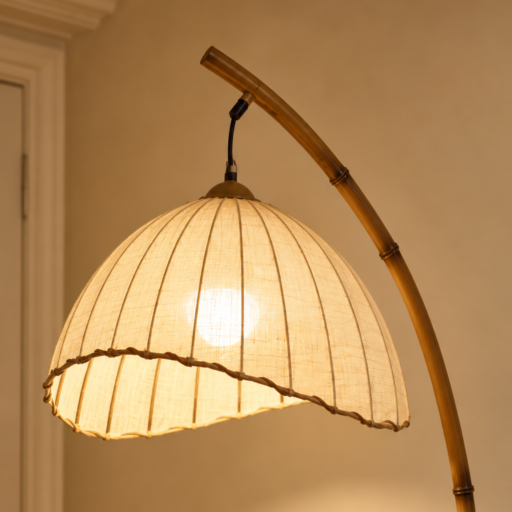 Bamboo-Effect Arc Floor Lamp - Japanese Lantern Marble Base Living Room
