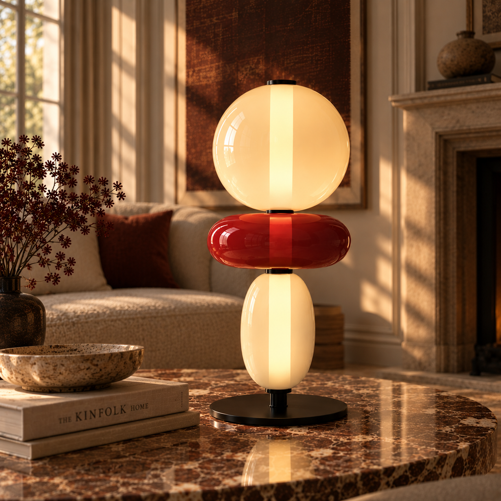 Stacked glass totem table lamp on a marble console