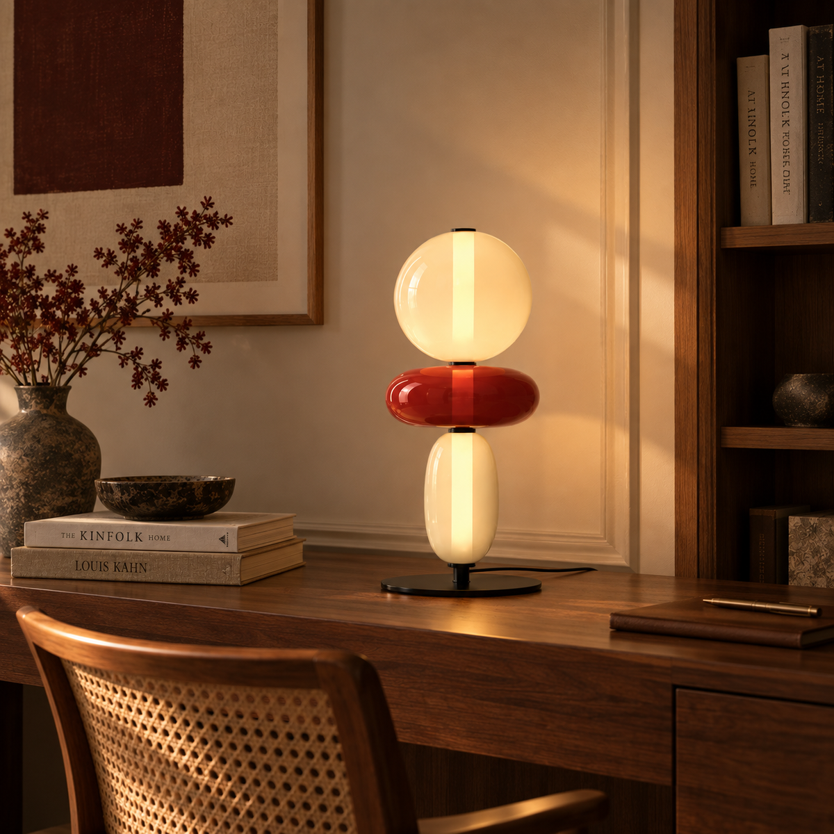 Stacked glass totem table lamp by a fireplace